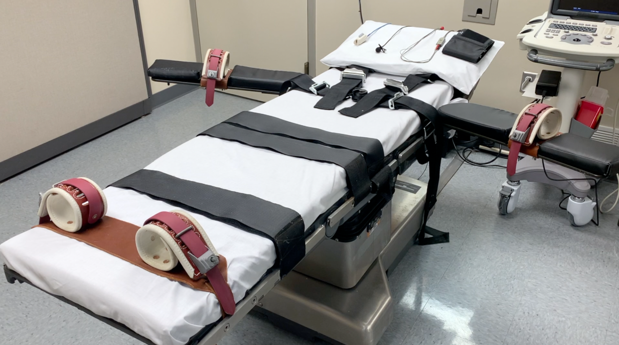 The execution gurney is shown in this image from a video released by the Oklahoma Department of Corrections.