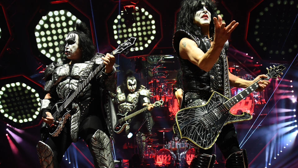 NEW YORK, NEW YORK - MARCH 27:  Gene Simmons, Paul Stanley of KISS perform on stage during End Of The Road World Tour at Madison Square Garden on March 27, 2019 in New York City. (Photo by Kevin Mazur/Getty Images)