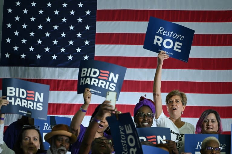 Supporters of US President Joe Biden cheer as they await his speech about reproductive freedom at Hillsborough Community College-Dale Mabry Campus in Tampa, Florida, on April 23, 2024 (ANDREW CABALLERO-REYNOLDS)