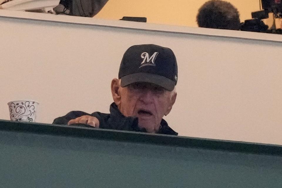 Milwaukee Brewers radio announcer Bob Uecker is seen before the first inning of a baseball game between the Milwaukee Brewers and the Minnesota Twins Tuesday, April 2, 2024, in Milwaukee. (AP Photo/Morry Gash)