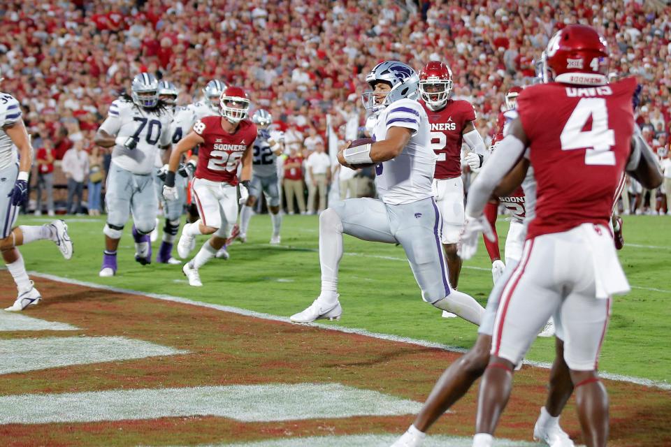 Kansas State's Adrian Martinez (9) runs for a touchdown during a college football game between the University of Oklahoma Sooners (OU) and the Kansas State Wildcats at Gaylord Family - Oklahoma Memorial Stadium in Norman, Okla., Saturday, Sept. 24, 2022. 