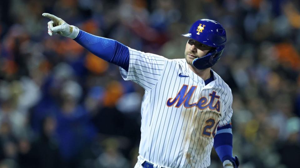 Oct 8, 2022;  New York City, New York, USA;  New York Mets first baseman Pete Alonso (20) reacts after hitting a solo home run against the San Diego Padres in the fifth inning during game two of the Wild Card series for the 2022 MLB Playoffs at Citi Field.  Mandatory Credit: Brad Penner-USA TODAY Sports