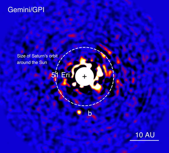 This image is the discovery photo of alien planet 51 Eridani b (labeled as "b") as seen in near-infrared light by the Gemini Planet Imager in Chile on Dec. 14, 2014. The bright star 51 Eridani at the center has been masked because it is 1 milli