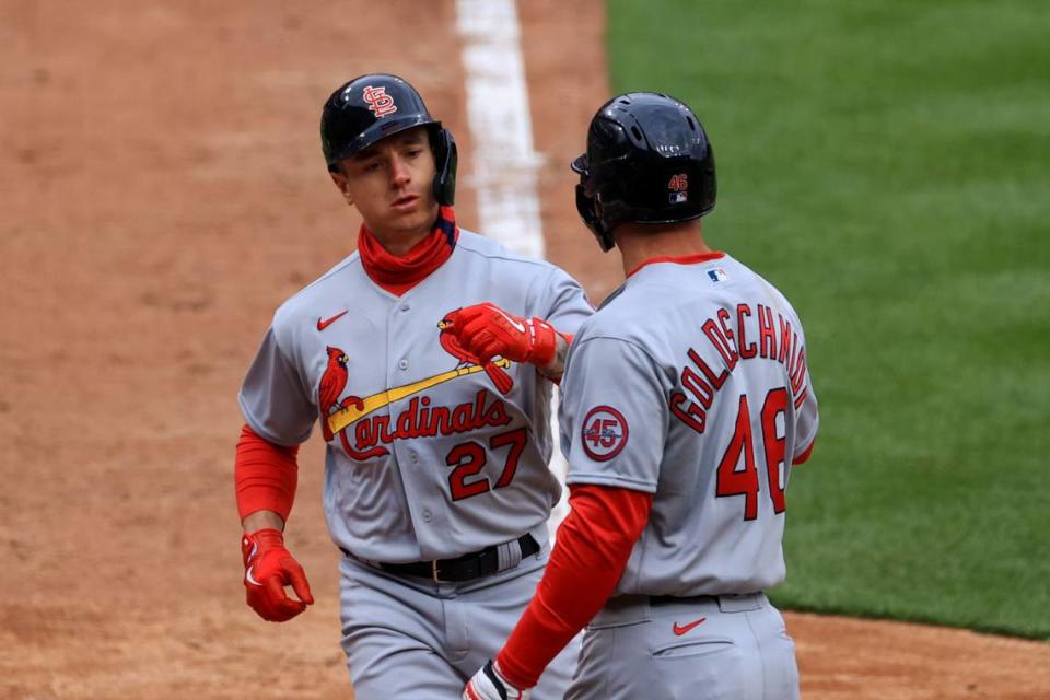 St. Louis Cardinals’ slugger Tyler O’Neill, left, celebrates hitting a two-run home run with teammate Paul Goldschmidt. He’ll look to rebound from a disappointing 2022 season. Aaron Doster/AP