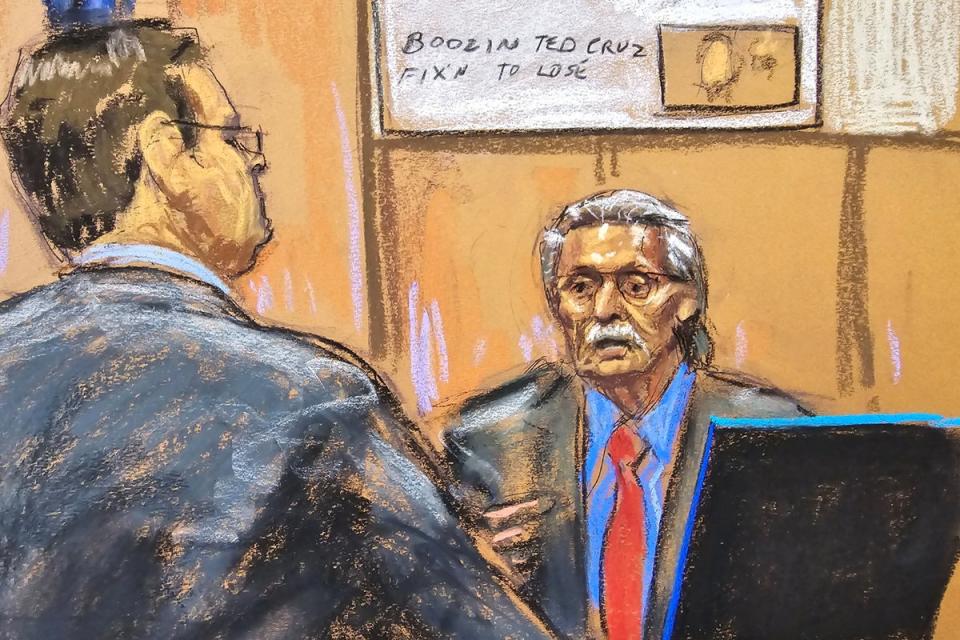 A courtroom sketch depicts Manhattan prosecutor Joshua Steinglass questioning David Pecker during Donald Trump’s hush money trial on 23 April (REUTERS)