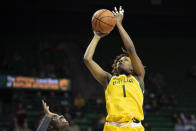 Baylor forward NaLyssa Smith (1) shoots a jump shot over Missouri guard Aijha Blackwell (33) in the first half of an NCAA college basketball game in Waco, Texas, Saturday, Dec. 4, 2021. (AP Photo/Emil Lippe)