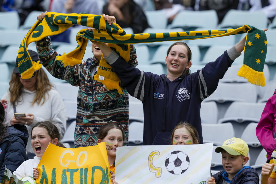 Australia supporters react during the international soccer match between the United States and Australia at Stadium Australia in Sydney, Saturday, Nov. 27, 2021. (AP Photo/Mark Baker)