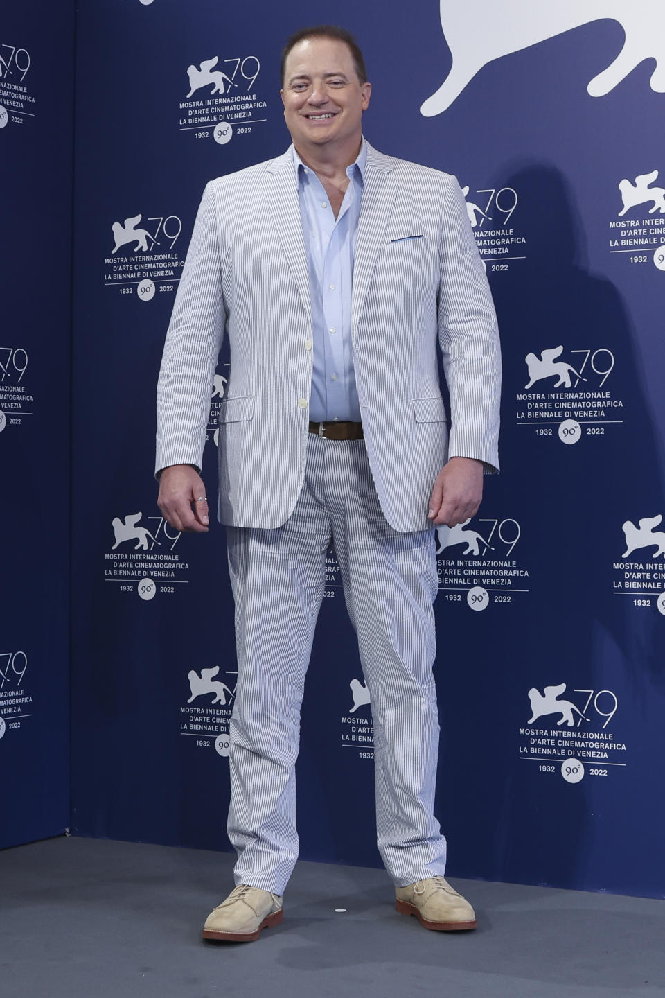 Brendan Fraser poses for photographers at the photo call for the film 'The Whale' during the 79th edition of the Venice Film Festival in Venice, Italy, Sunday, Sept. 4, 2022. (Photo by Joel C Ryan/Invision/AP)