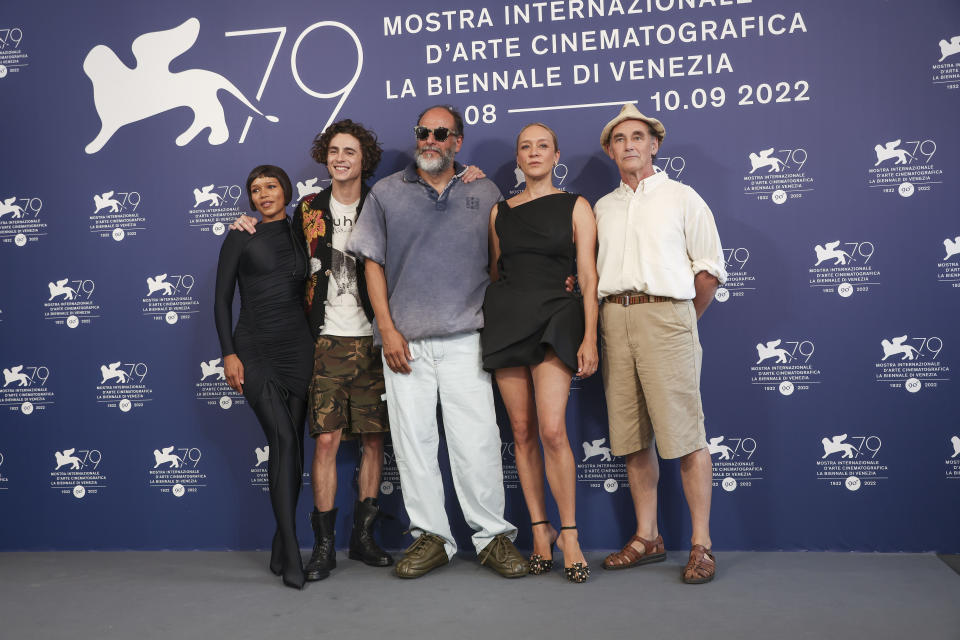 Taylor Russell, from left, Timothee Chalamet director Luca Guadagnino, Chloe Sevigny and Mark Rylance pose for photographers at the photo call for the film 'Bones and All'during the 79th edition of the Venice Film Festival in Venice, Italy, Friday, Sept. 2, 2022. (Photo by Joel C Ryan/Invision/AP)