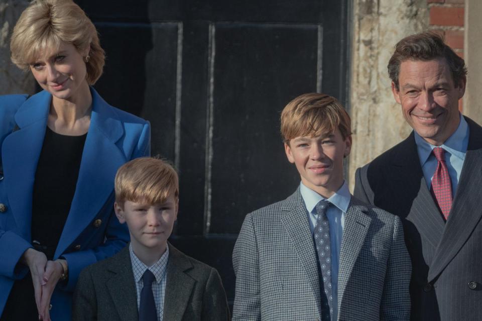 From left, Elizabeth Debicki, Will Powell, Senan West, and Dominic West in Season 5 of The Crown (Keith Bernstein/Netflix/TNS)