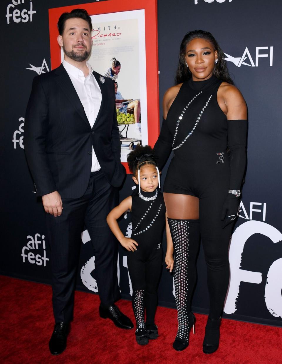 HOLLYWOOD, CALIFORNIA - NOVEMBER 14: (L-R) Alexis Ohanian, Olympia Ohanian Jr, and Serena Williams attend the 2021 AFI Fest Closing Night Premiere of Warner Bros. "King Richard" at TCL Chinese Theatre on November 14, 2021 in Hollywood, California. (Photo by Jon Kopaloff/Getty Images)