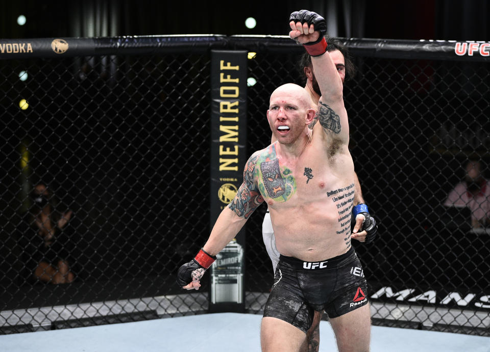 LAS VEGAS, NEVADA - JUNE 20: Josh Emmett reacts after the conclusion of his feathweight bout against Shane Burgos during the UFC Fight Night event  at UFC APEX on June 20, 2020 in Las Vegas, Nevada. (Photo by Chris Unger/Zuffa LLC)