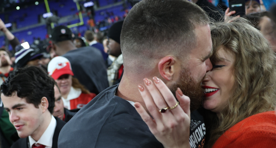 Travis Kelce and Taylor Swift are captured having a cute moment after a Chiefs game in Baltimore.  