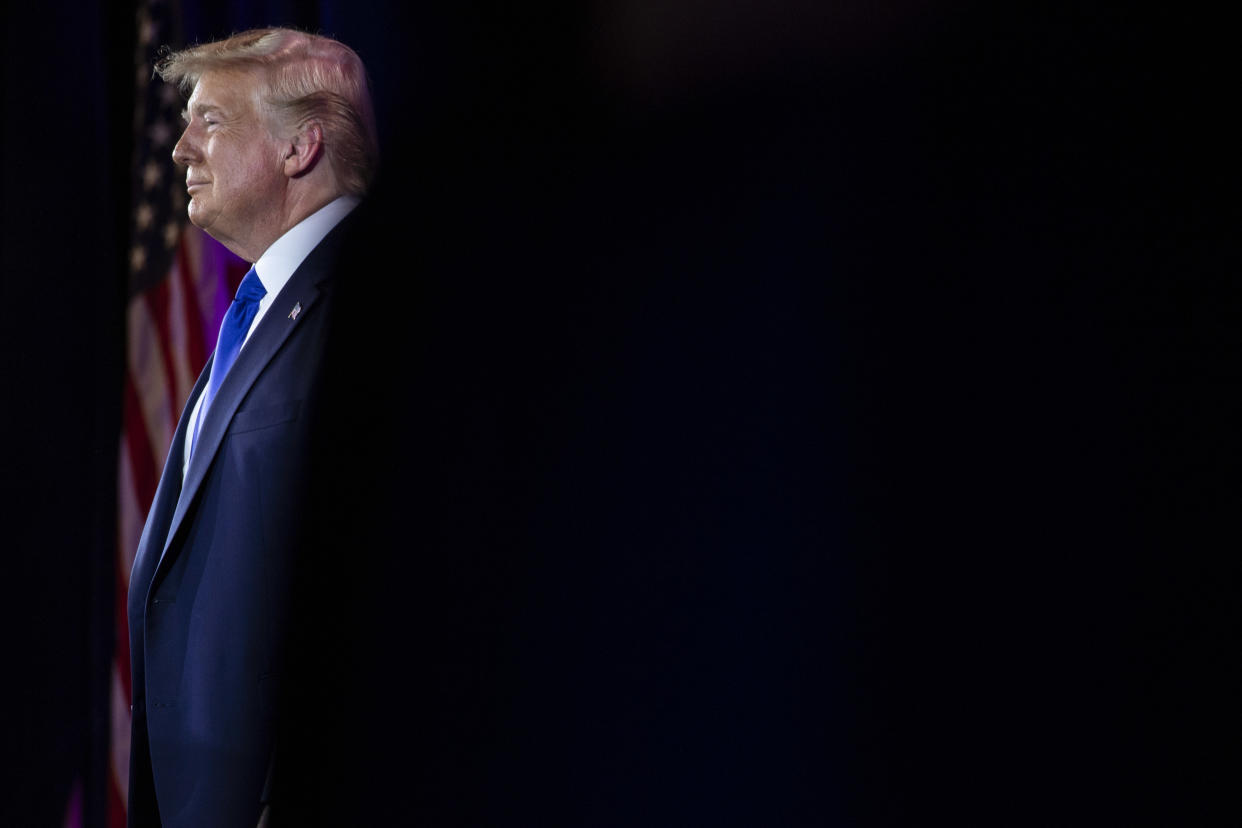 TOPSHOT - US President Donald Trump speaks at the Values Voter Summit at the Omni Shoreham Hotel on October 12, 2019 in Washington, DC. (Photo by Eric BARADAT / AFP) (Photo by ERIC BARADAT/AFP via Getty Images)