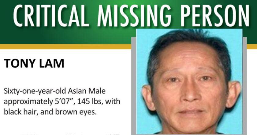 The Orange County Sheriff's Department is seeking public assistance to locate a man who was kidnapped from his Midway City home. Authorities say 61-year-old Tony Lam has been missing since the early morning hours of March 15, and they believe two suspects forcefully took Lam from his home located in the area of Hunter Lane and Madison Avenue.