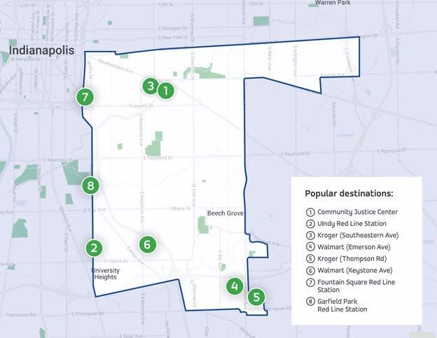 The service area for IndyGo's new micro-transit pilot program, IndyGo Connect, serving southeastern Indianapolis residents and workers.