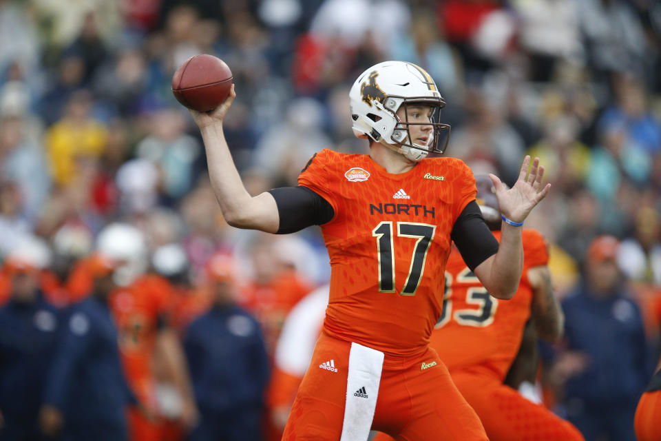 Josh Allen of Wyoming, shown here during the Senior Bowl, should be a first-round pick. (AP)