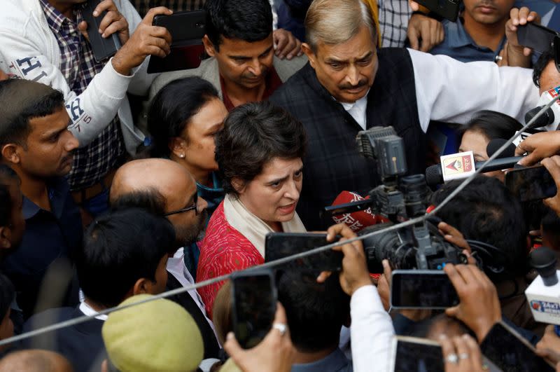 Priyanka Gandhi Vadra speaks with the media after she met the relatives of a 23-year-old rape victim, who died in a New Delhi hospital on Friday after she was set on fire by a gang of men, which included her alleged rapists, in Unnao