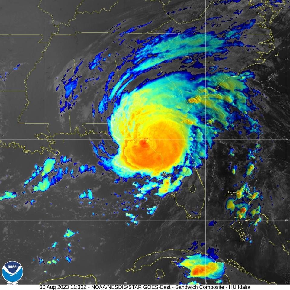 A satellite captures powerful Hurricane Idalia's approach to the Florida coast on Wednesday morning, August 30, in this image provided by the National Oceanic and Atmospheric Administration.