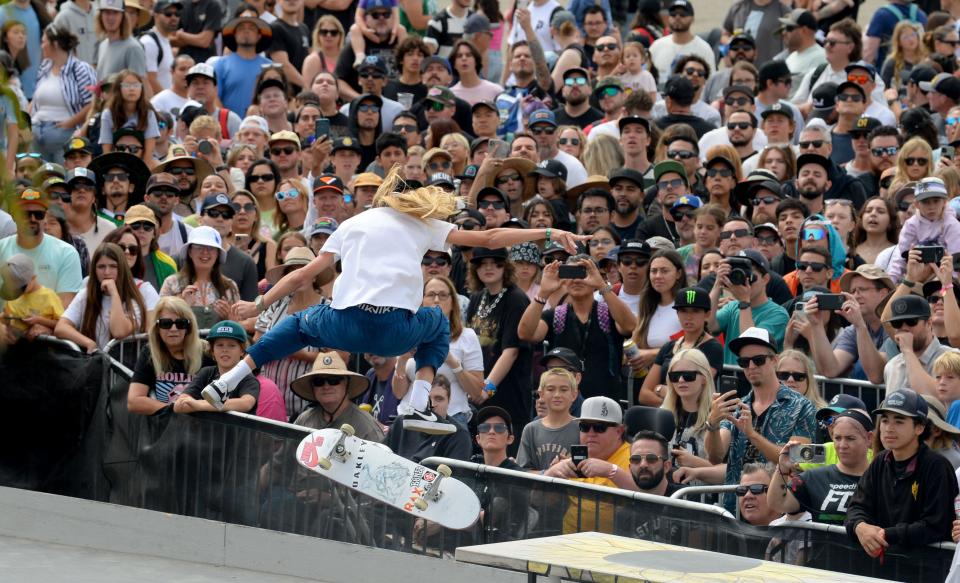 Chloe Covell wins gold in the Women’s Skateboard Street competition during the X Games at the Ventura County Fairgrounds on Saturday, July 22, 2023.