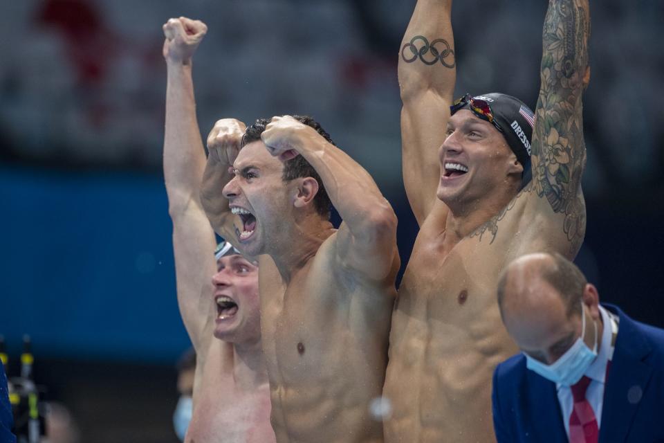 Zach Apple, Bowen Becker, Caeleb Dressel and Blake Pieroni, Gold