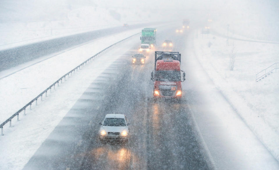 Snow on the M6 near the village of Shap in Cumbria, as up to 10cm of snow could fall on higher ground as temperatures drop across large parts of the UK this week. (Photo by Owen Humphreys/PA Images via Getty Images)