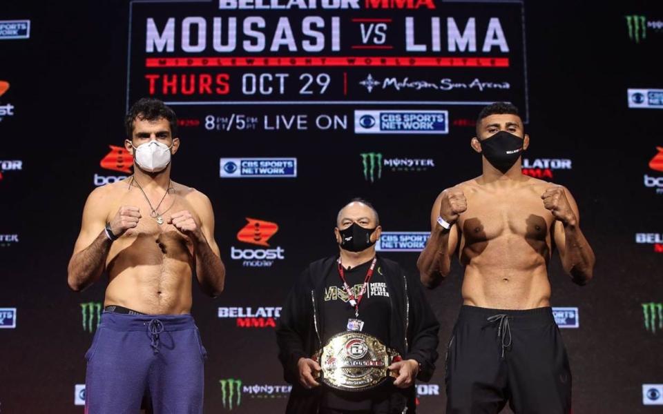 Gegard Mousasi and Douglas Lima weigh in ahead of their Bellator middleweight title clash at Mohegan Sun. Bellator Scott Coker (centre)   - Lucas Noonan/Bellator