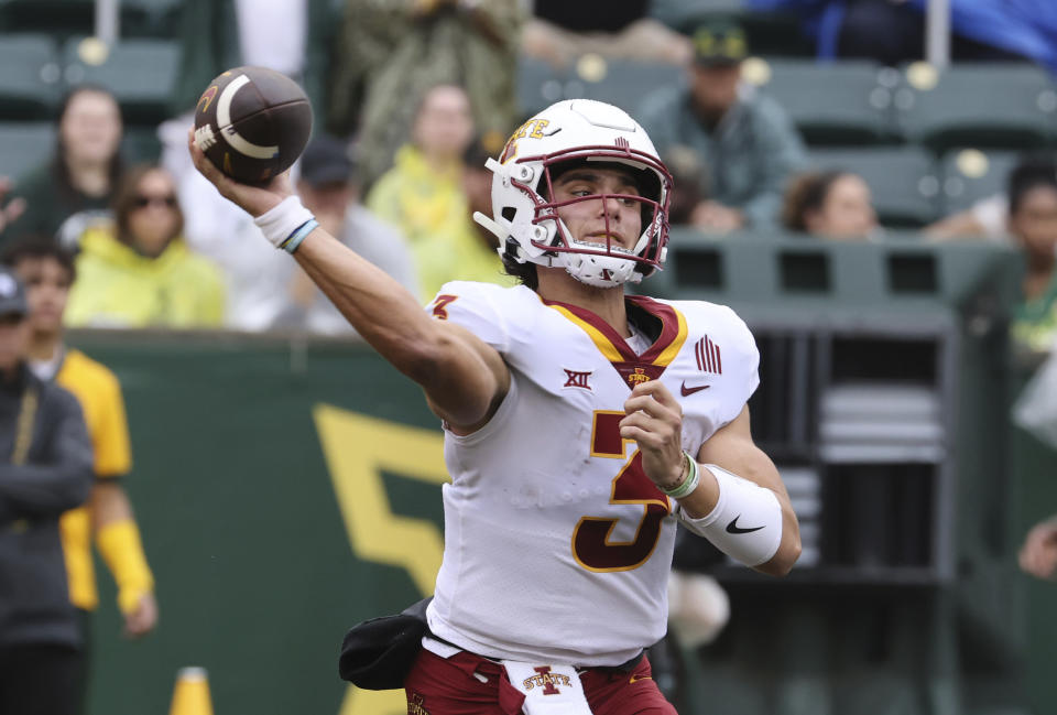 Iowa State quarterback Rocco Becht throws downfield aghast Baylor in the first half of an NCAA college football game, Saturday, Oct. 28, 2023, in Waco, Texas. (Rod Aydelotte/Waco Tribune-Herald via AP)