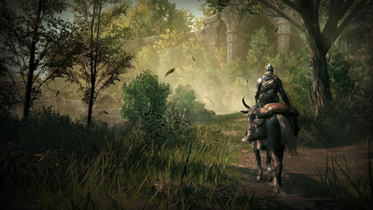  A knight on horseback walks through a lush, green forest. 