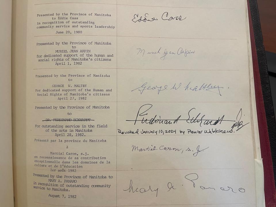 Ferdinand Eckhardt's name is now crossed out of the registry of recipients to the Manitoba Order of the Buffalo Hunt.