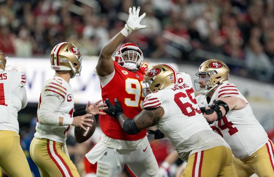 Kansas City Chiefs defensive tackle Chris Jones (95) pressures San Francisco 49ers quarterback Brock Purdy (13) during Super Bowl LVIII on Sunday, Feb. 11, 2024, in Las Vegas.