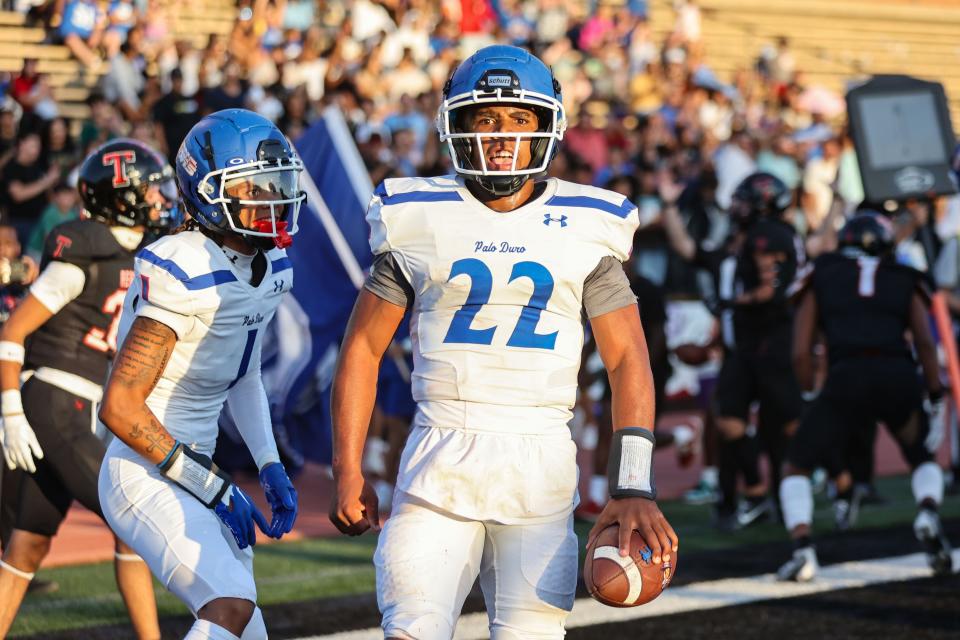 Palo Duro’s Darien Lewis (22) celebrates a touchdown during a non district game against Tascosa, Thursday night, October 24, 2023, at Dick Bivins Stadium, in Amarillo, Texas. Tascosa won 28-7.