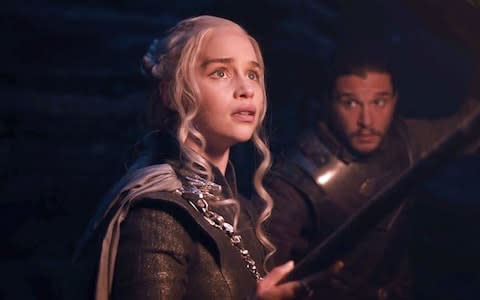Emilia Clarke as Daenerys and Kit Harington as Jon in Game of Thrones - Credit: HBO