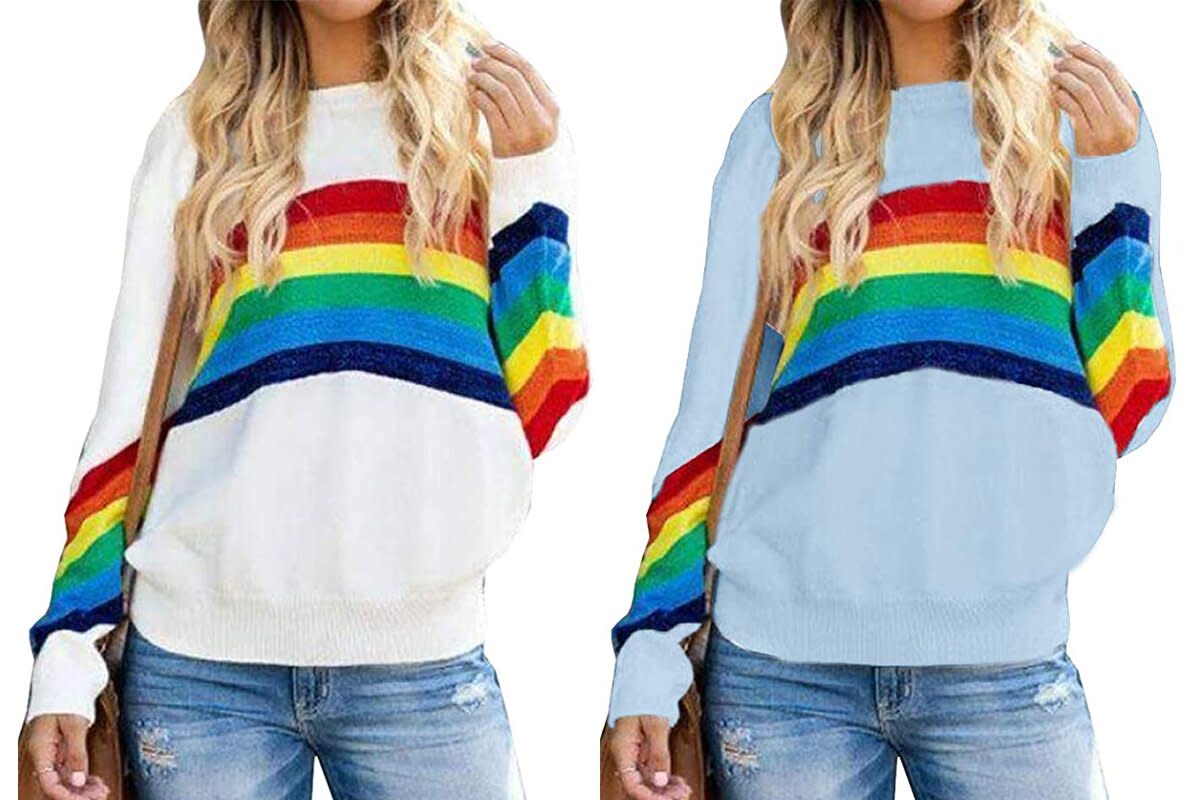 Ferrtye Womens Rainbow Pullover Sweaters Lightweight Long Sleeve Crew Neck Loose Knit Sweater