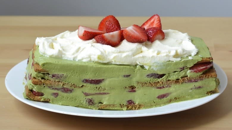matcha strawberry cake on plate