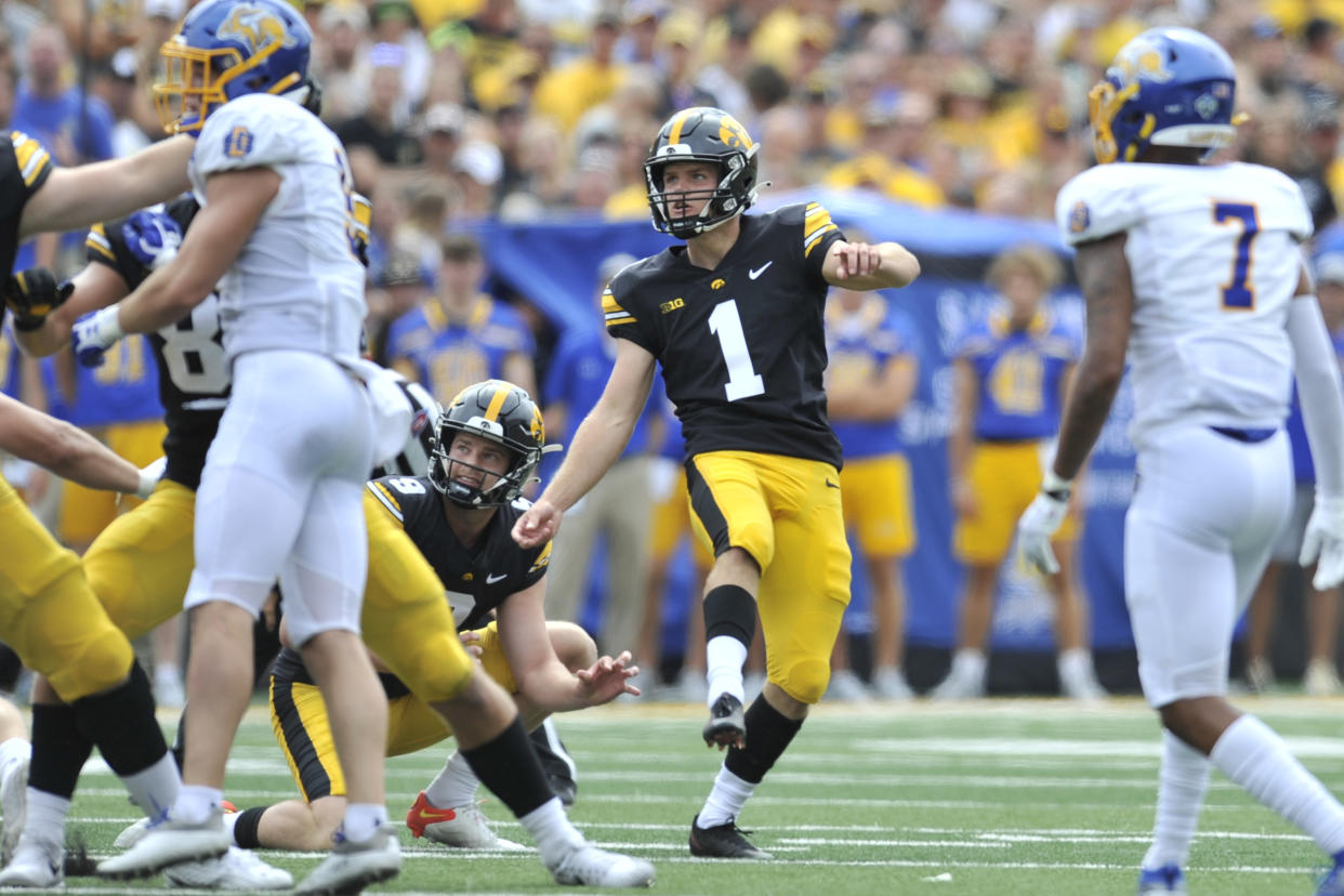 Sep 3, 2022; Iowa City, Iowa, USA; Iowa Hawkeyes place kicker Aaron Blom (1) makes a 46 yard field goal against the South Dakota State Jackrabbits during the first quarter at Kinnick Stadium. Mandatory Credit: Jeffrey Becker-USA TODAY Sports