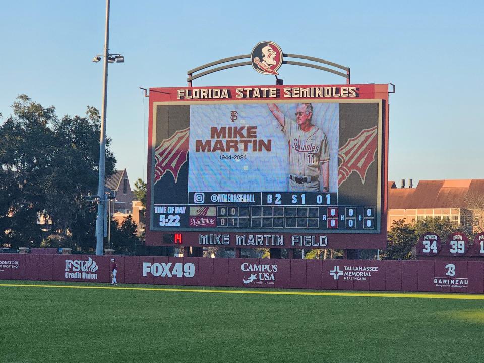 Former Florida State baseball coach Mike Martin is honored on the scoreboard at Mike Martin Field at Dick Hoswer Stadium following his death Thursday.