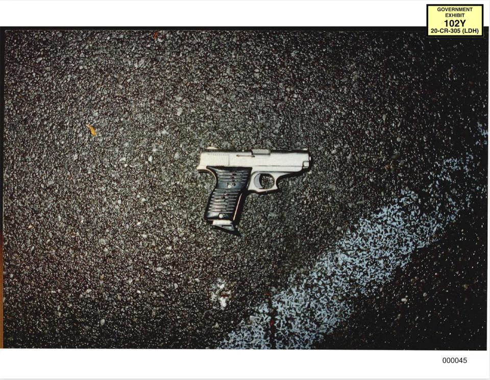 One of two handguns police said was used in the Jam Master Jay shooting, recovered from the parking lot outside the rapper's recording studio.