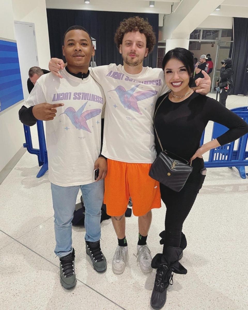 From left, Jay Avant, Grandson and Dalia Castaneda pose for a photo. Avant and Castaneda were part of an online class for young Iowa creatives who got to design merch for Canadian American musician Grandson.