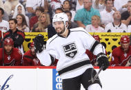 GLENDALE, AZ - MAY 15: Drew Doughty #8 of the Los Angeles Kings reacts after his shot was deflected in for a goal by teammate Dwight King #74 (not in photo) against the Phoenix Coyotes in the first period of Game Two of the Western Conference Final during the 2012 NHL Stanley Cup Playoffs at Jobing.com Arena on May 15, 2012 in Phoenix, Arizona. (Photo by Christian Petersen/Getty Images)