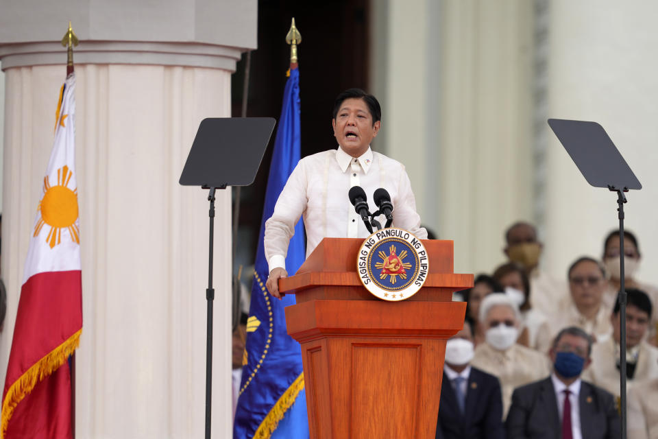 President Ferdinand "Bongbong" Marcos Jr. delivers a speech after being sworn in by Supreme Court Chief Justice Alexander Gesmundo during the inauguration ceremony at National Museum on Thursday, June 30, 2022 in Manila, Philippines. Marcos was sworn in as the country's 17th president. (AP Photo/Aaron Favila)