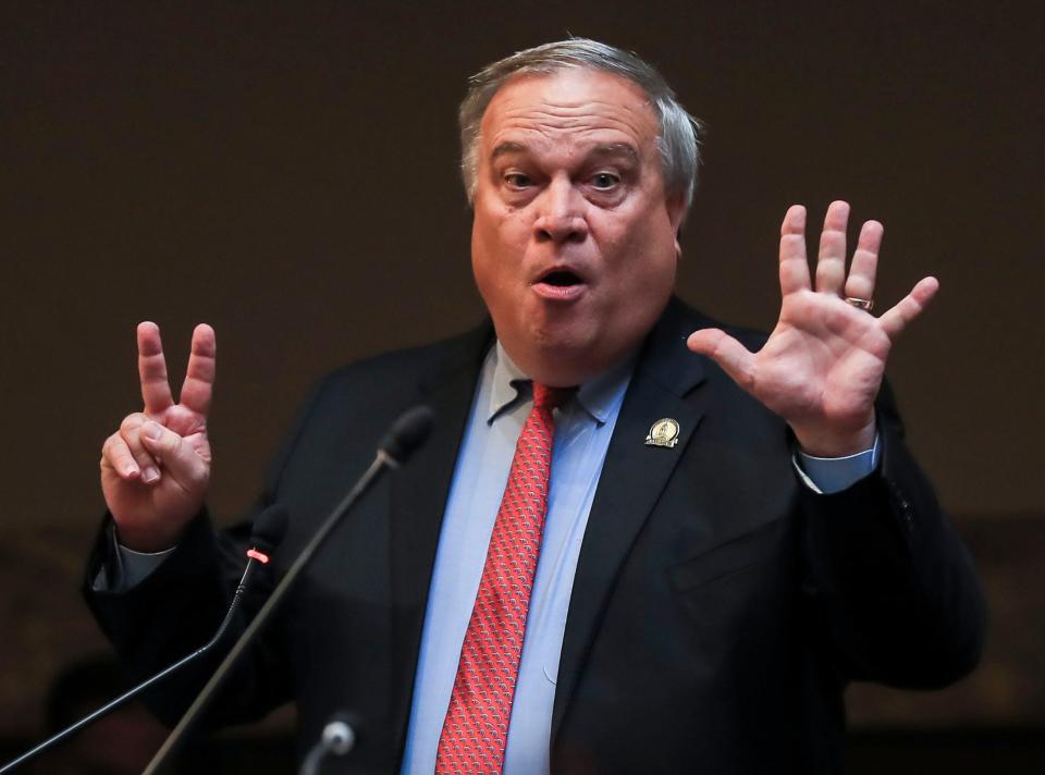 An agitated Senate President Robert Stivers rips into Gov. Andy Beshear and Dr. Steven Stack during a hearing as part of a legislative special session. Stivers also mentioned how the Kentucky Supreme Court ruled "7-0" against Beshear's mask mandates. Sept. 9, 2021.