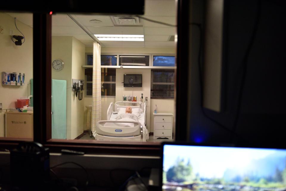 Photo from a 'nurses point of view' when watching a patient from their desk. Photos show nursing laboratories that will be ready for use by Fall of 2024 at the NMSU-Alamogordo campus. Bachelors degree is reinstated at NMSU-Alamogordo and ready for students come August.