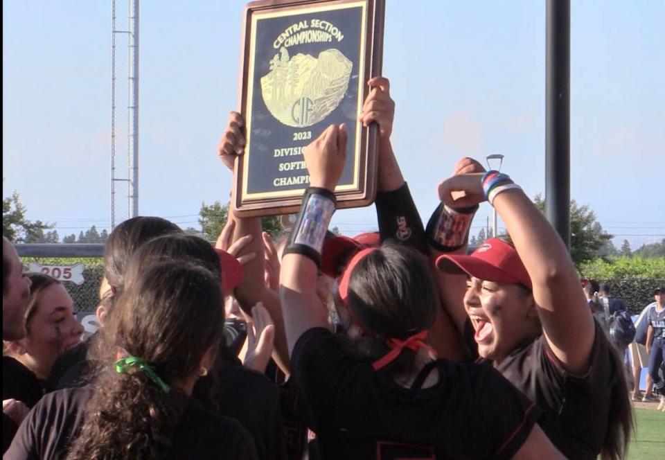 Fowler celebrates a Central Section Division III title after defeating Reedley 2-1 at Margie Wright Diamond in Fresno, California on Saturday, May 27, 2023.