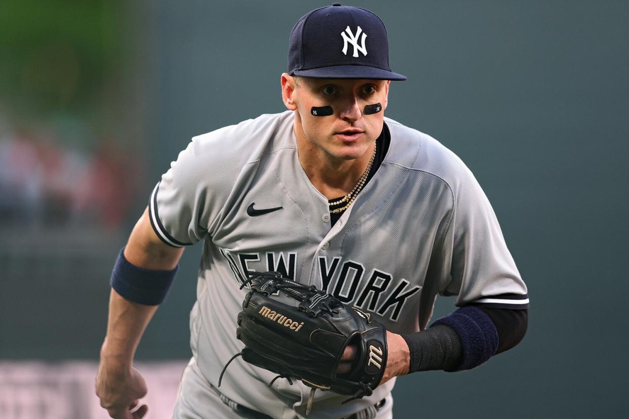 Josh Donaldson #28 of the New York Yankees fields against the Baltimore Orioles at Oriole Park at Camden Yards on May 16, 2022 in Baltimore, Maryland.