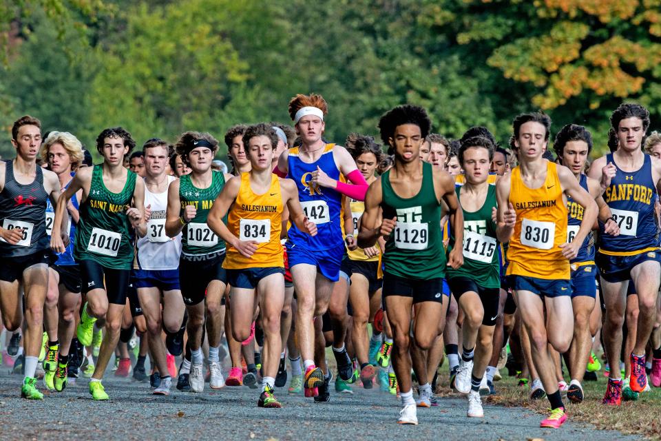 The boys varsity runners take off to compete in the 2023 Joe O'Neill Invitational at Bellevue State Park Thursday, Oct. 19, 2023.