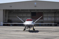 FILE - The XQ-67A Off-Board Sensing Station unmanned aerial vehicle, one prototype of the future AI drone fleet developed under the USAF's Air Force Research Laboratory, is displayed at General Atomics' test facility at Gray Butte in Palmdale, Calif., on Wednesday, May 1, 2024. (AP Photo/Damian Dovarganes, File)