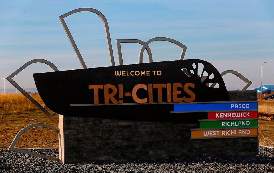 A Welcome to the Tri-Cities sign greets drivers on 20th Avenue near the Tri-Cities Airport in Pasco.