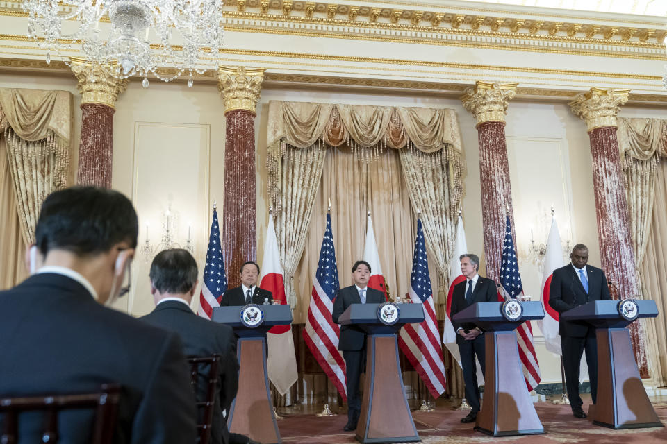 Japanese Defense Minister Yasukazu Hamada, Japanese Foreign Minister Hayashi Yoshimasa, Secretary of State Antony Blinken, and Secretary of Defense Lloyd Austin, speak during a news conference at the State Department, Wednesday, Jan. 11, 2023, in Washington. (AP Photo/Alex Brandon)