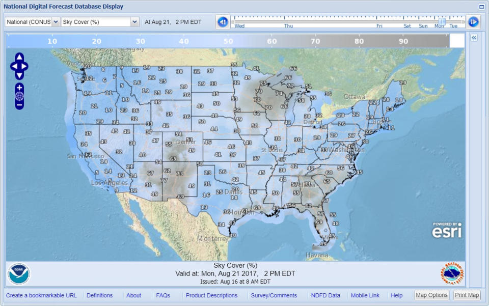 Clear skies are essential to see the solar eclipse. The National Weather Service's forecasting website allows you to select a weather parameter, such as the percentage of cloud cover, shown here. Using the slider on the upper right, you can preview the forecast for Aug. 21 and make plans to be where the sun is shining. To see your local weather forecast, you can zoom in on the map. <cite><a href="https://digital.weather.gov/" rel="nofollow noopener" target="_blank" data-ylk="slk:National Weather Service;elm:context_link;itc:0;sec:content-canvas" class="link ">National Weather Service</a></cite>